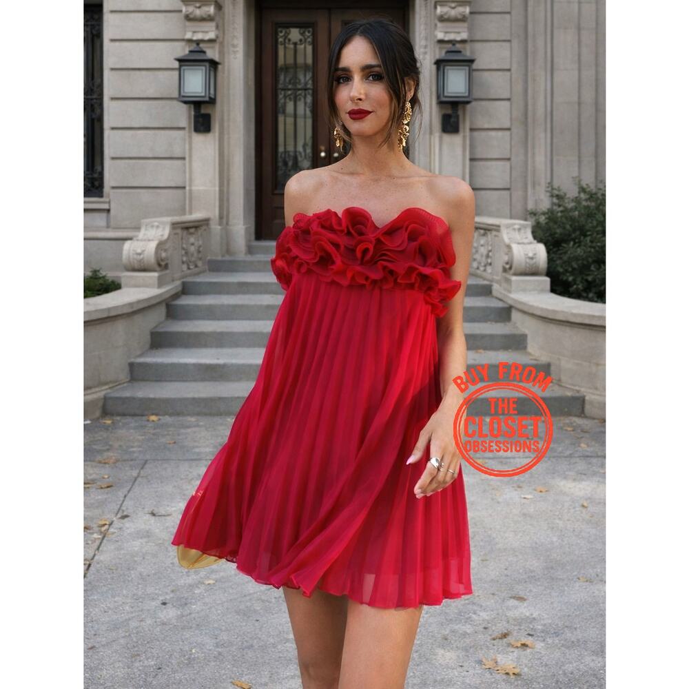 ZARA Viral Red Pleated Mini Dress NWT Strapless Coquette Party Dress